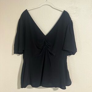 A New Day: Black V-Neck Ruched Flutter Sleeve Top